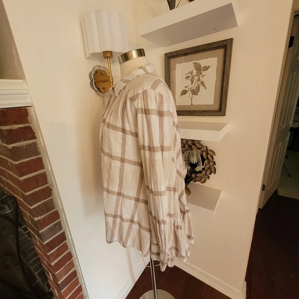Free People Preppy In Plaid Long Sleeve Button Front Top Ruffle Back Boho 90s L